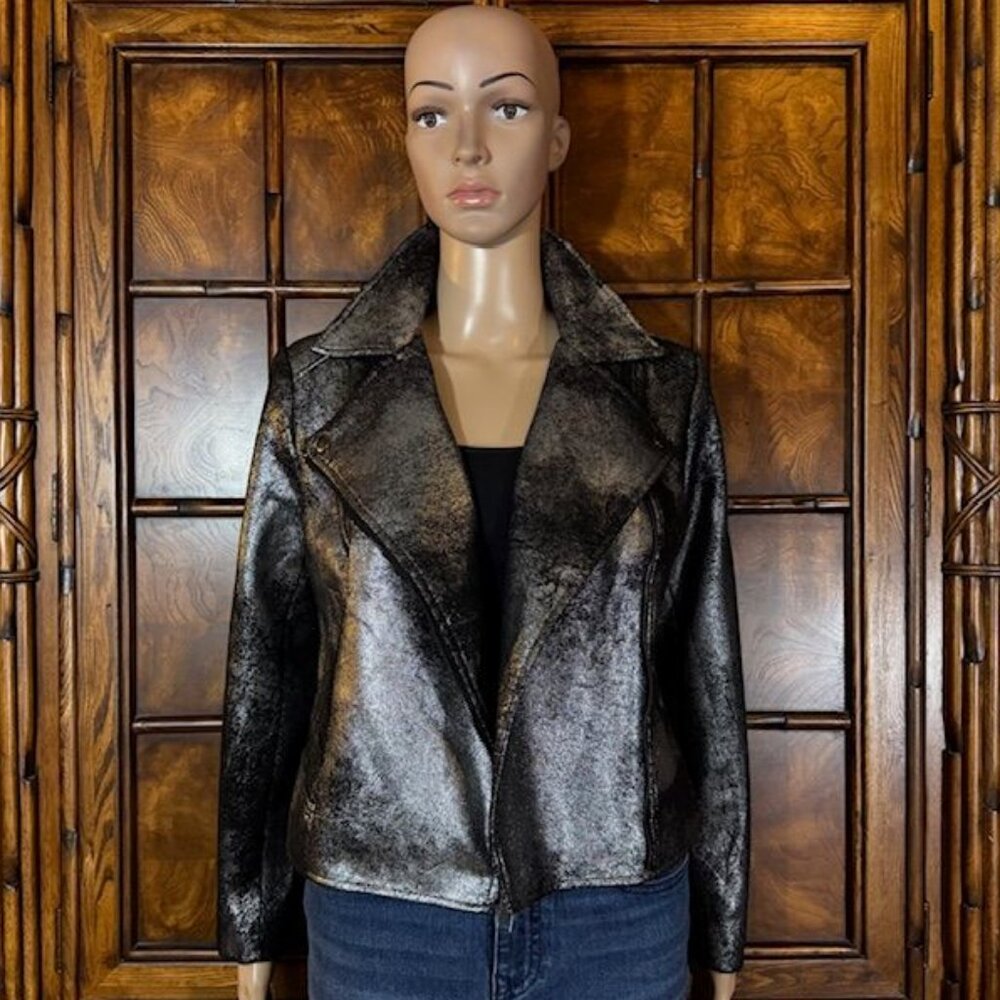 G by Giuliana Antiqued Black Deep Platinum Faux Suede Foil Moto Jacket